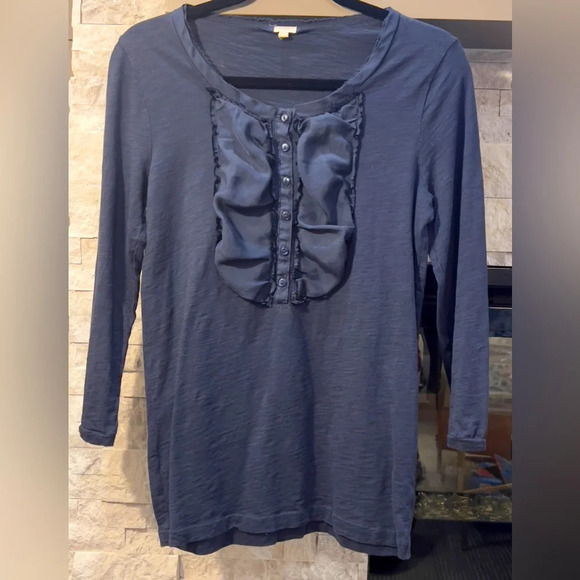 JCREW Medium long sleeve navy top with ruffle embellishment. Preowned - Picture 1 of 6